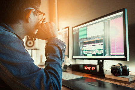 Asian  male movie video editor wearing denim jacket, works with footage or video on his personal...