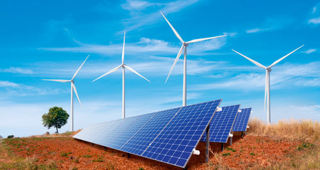 Solar Panels and Wind Turbines on the Hill- Renewable Energy Concept