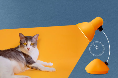 The light from an orange lamp shines on a tabby cat at night. Cat life cycle. Abstract art collage.の写真素材