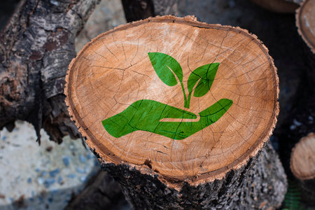 Plant in hand icon stamp on wood trunks. Log trunks pile, the logging timber wood industry.の写真素材