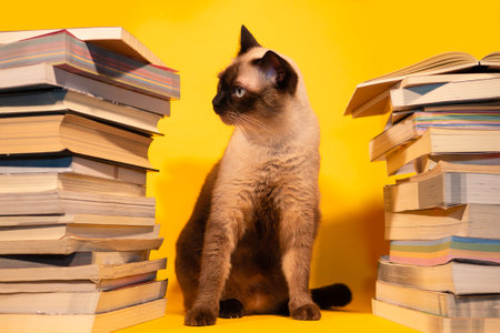 Siamese cats hiding in a pile of books.の写真素材