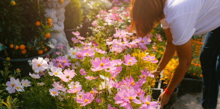 gardening pink cosmos flowers in the morning.の写真素材
