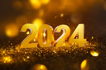 New Year 2024 on golden sparkling background. Black luxury style background 3D rendering.