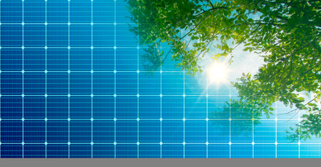 solar panels surface and green nature.electricity. power supply. renewable energy Clean energy and...