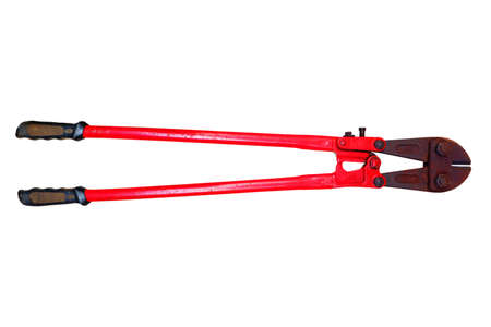 Red big scissors for cutting steel bars on a white background.の写真素材