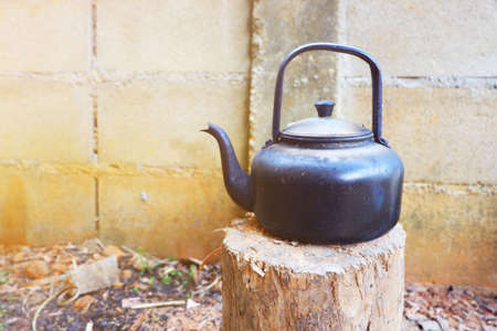 close up of Aluminum kettle is outdoorの写真素材