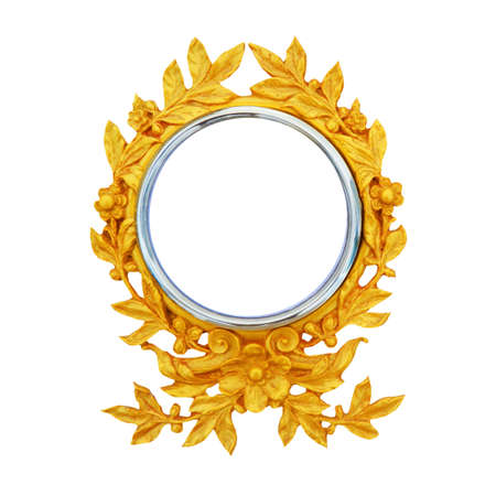 gold circle photo frame with flower leaf patternisolated on white backgroundの写真素材