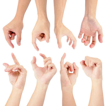 hands of man in collection set with gesture for fight isolated on white background
