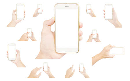 multiple smartphone in hand collection concept isolated on white background for using present...