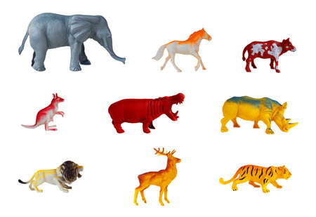 plastic toy animal collection on white backgroundの写真素材