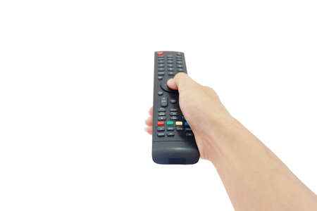 hand of Asian man is hold remote control and press it isolated on white background