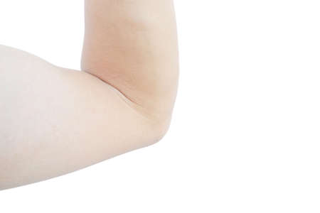 Asian man's elbow with white skin isolated on white background