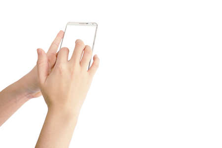 smartphone with white screen in hand of Asian woman is holding and use finger touch screen isolated...