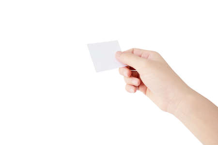 hand of woman is hold white note paper isolated on white backgroundの写真素材