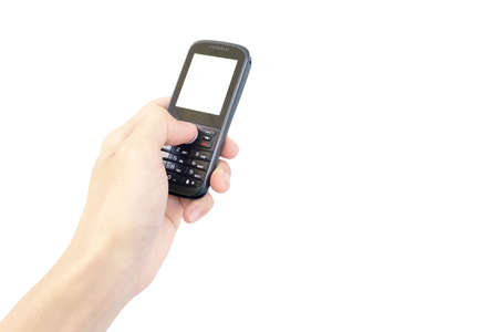 old mobile phone with white screen in hand isolated on white background