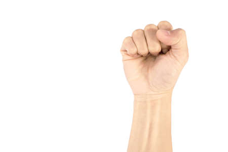 hand of man is show fist gesture isolated on white backgroundの写真素材