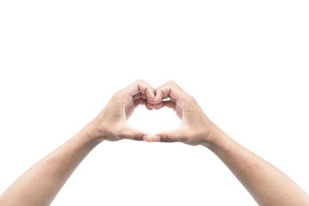 show hand of man is heart shape gesture isolated on white backgroundの写真素材