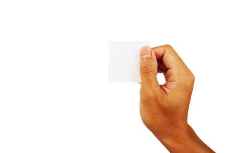 show hand of man in gesture hold card or note paper up isolated on white backgroundの写真素材