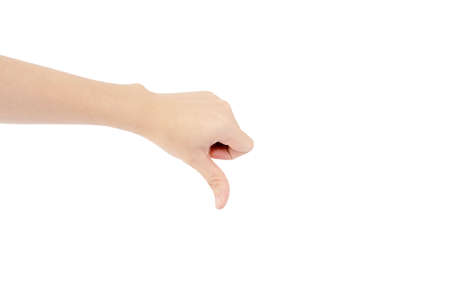 hand of Asian woman show hand is unlike gesture isolated on white background