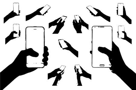 hand is holding smartphone collection in silhouette clip art icon multiple design by vector on white backgroundのイラスト素材