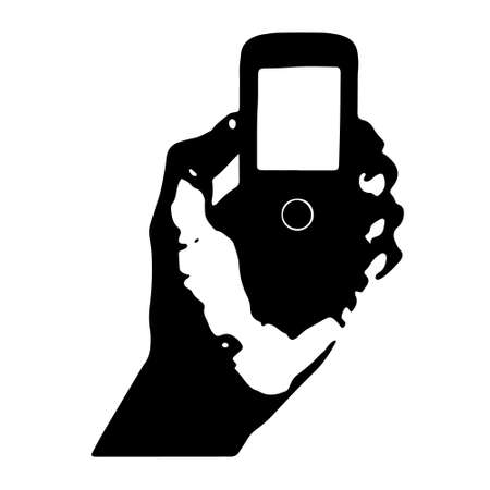 hand is holding mobile phone in silhouette clip art icon on white backgroundのイラスト素材