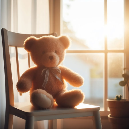 Teddy bear sitting on a chair near the window in the morning cute bear doll is sitting on chair near window with morning sunshine with AI generatedの素材