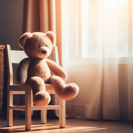 teddy bear sitting on chair in living room, vintage color tone with AI generatedの素材