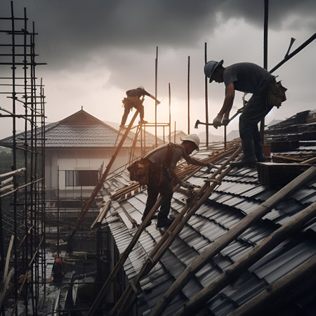 Construction workers are working on the roof of a house in Thailand with AI generatedの素材