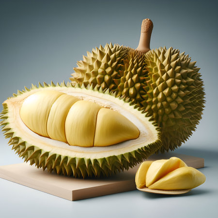 durian fruit on a grey background. 3d illustration with AI generatedの素材
