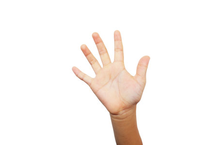 Boy's hands making gestures on white background.の写真素材