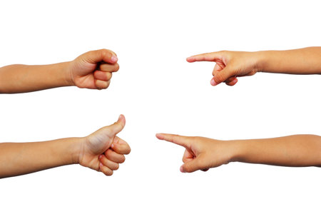 Collection of boy's hands in various poses on a white background.の写真素材