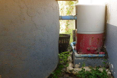 High pressure automatic water pump installed between the house wall and the well to suck water from the well for use inside the house.の写真素材