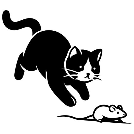 Cat chasing a mouse in black and white vector style.のイラスト素材