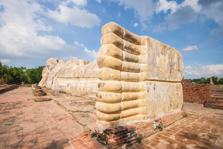 Big sleeping buddha at wat Lokaya Suttharam in Ayuthaya, Thailand.の写真素材