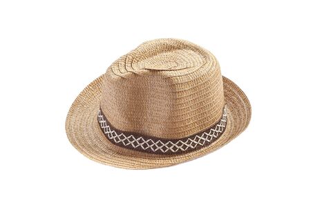 Vintage weave hat with brim and ribbon isolated on white background.の写真素材