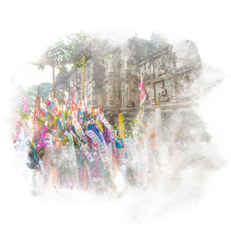 Traditional paper flag that people brought to merit with sanctuary on background in the temple (public place). Watercolor painting (retouch).の写真素材