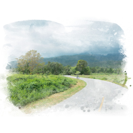 Country road in rain season with mountain and sky with cloud background. Watercolor painting (retouch).の写真素材