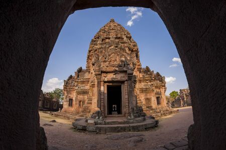 The ancient carved stone panels.Photo of Phanom Rung Historical Park.の写真素材