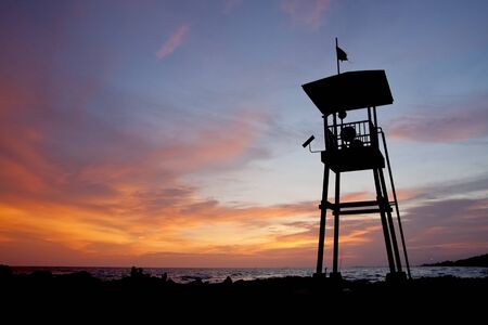 life guard hut at amazing sunsetの写真素材