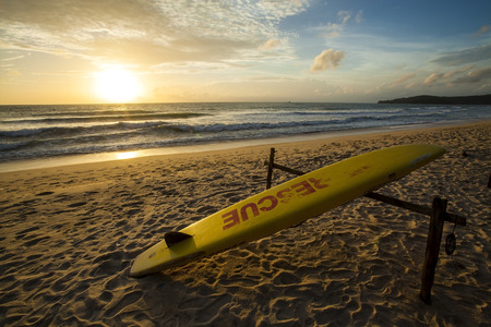 Rescue surfboard on the beach  の写真素材