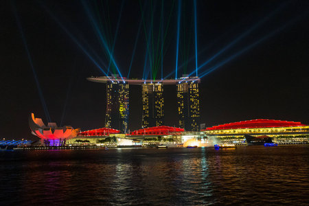 Skyline at night, Marina Bay Sand, Singaporeのeditorial素材