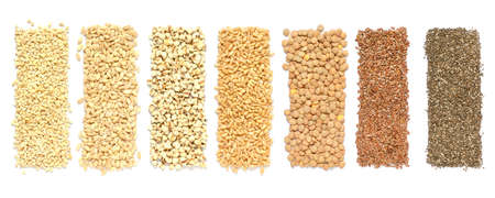 Collection of dry organic cereal and grain seeds consisted of barley, job's tear, flax seeds,...