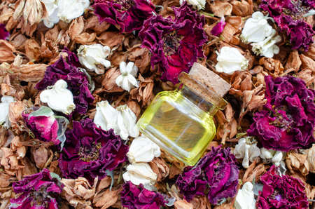 Top view of dry flower essential oil in glass bottle on dry rose, and jasmine flower background, for...