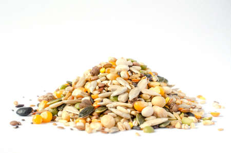Closed up variety kinds of natural organic cereal and grain seed pile on white background for healthy or clean food and agricultural product conceptの写真素材