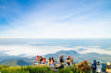 Tourists on The hills in the fog at Inthanon, Thailandのeditorial素材