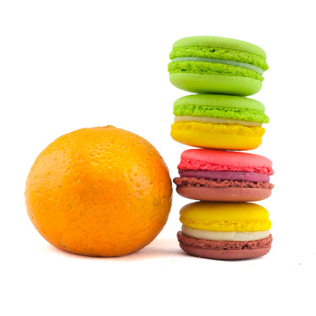 Sweet and colourful french macaroons isolated on white  background .の写真素材
