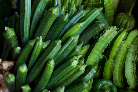 Fresh Angled loofah, Angled Gourd (Luffa acutangula Roxb.) fruits in basketの写真素材