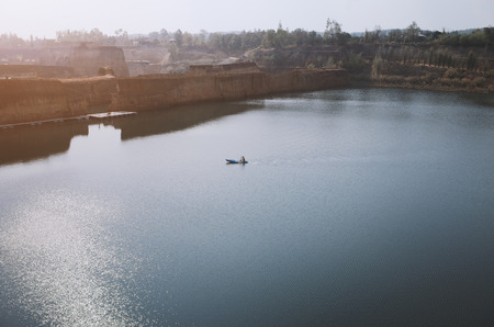Men on boat with around water and nature.の写真素材