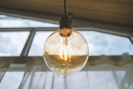 Vintage incandescent Edison type bulb. Empty space to put text or something else.の写真素材