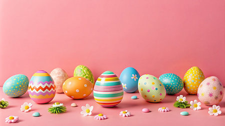 Happy Easter day with colorful egg prints copy space for text shot in studio.